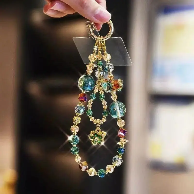 Crystal Beaded Phone Wrist Strap, Butterfly Floral Charm Phone Lanyard, Sweet Fashion Hanging Ornament with Lucky Calabash Pendant Bag Accessory for Women