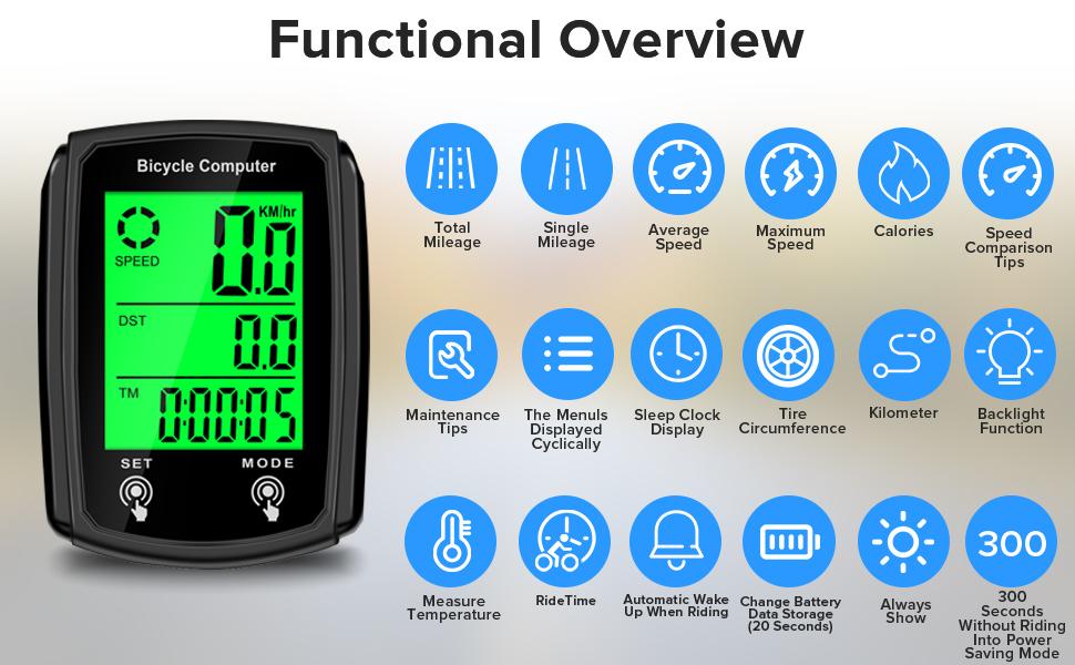 Bike Computer and Bicycle Wired MPH KM/H Bike Speedometer with Automatic Wake-Up Cycling Speed Tracker LCD Display & Single Mileage & Multi-Functions Accessories