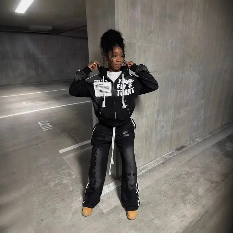 Hooded Sweatshirt  Fashion Casual Long Pants Printed Hip Hop Rock Unisex Sweatshirt Jacket black workout cuffed straight foam print sporty yoga slim fit suit  Soft Knit Fall Sports Outfit two-piece large-sized retro long trench coat pocket design