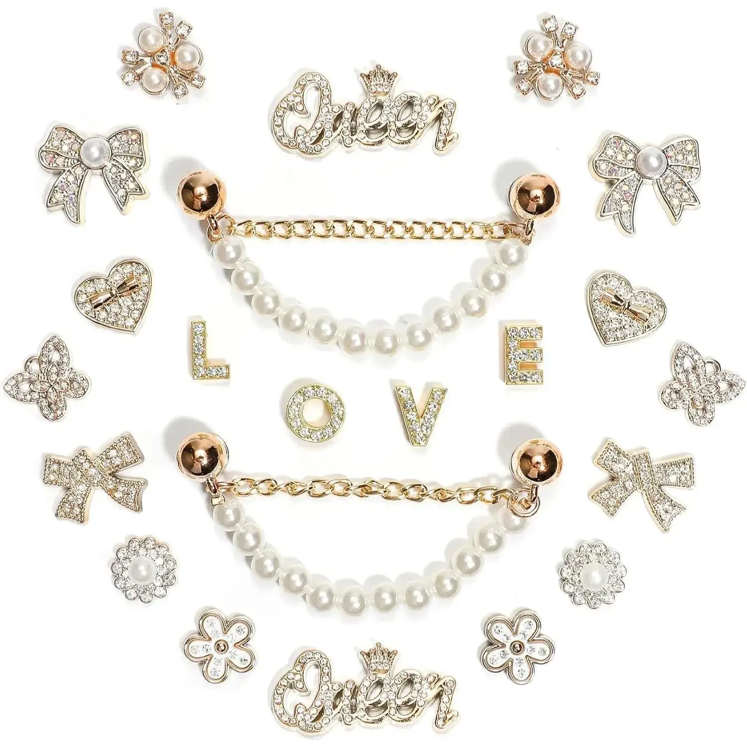 SOGLLQAM Bling Rhinestones and Pearls Shoe Charms Set with Sparkling Shoe Chains, LOVE Queen Letter Charms for DIY Women's Clog Sandals Decor | Trendy Shoe Accessories for Party Girls and TikTok Fashion Gifts