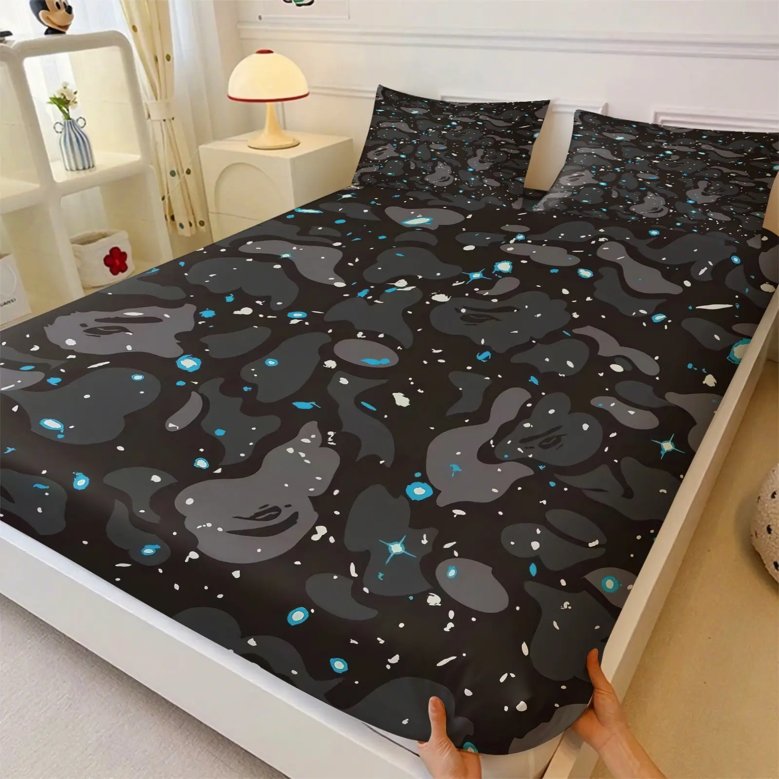 Trendy Streetwear Style Starry Camo Fitted Sheet 3Pcs Set, Soft Stretch Microfiber Deep Pocket Mattress Cover, Grey Camouflage & Bright Cosmic Star Splash Art Print Bedding, Teen Boy Bedroom & Game Room Decor