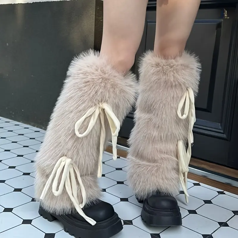 1Pair Winter Fuzzy Leg Warmers, Bow‑Tie Strap Plush Leg Cuffs, Soft Warm Fluffy Leg Sleeves for Women Daily Party Outfit Wear