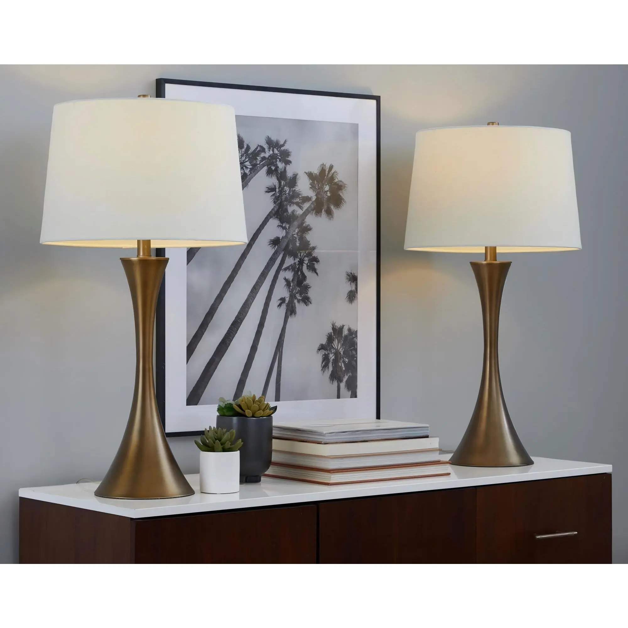 Nokaa Contemporary Metal Table Lamp Set of 2 Matte Golden Bronze Off-White Linen Shade 29 Inch Height for Living Room Bedroom Office Nightstand End Table Decor