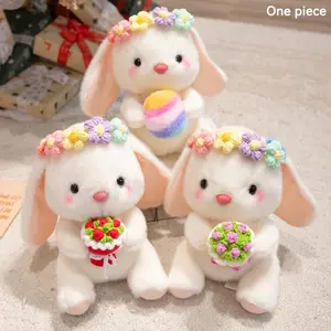 25cm/9.84in Flower Garland Lop-Eared Rabbit Plush Toy - Cute White Bunny Holding Easter Eggs & Flower Bouquet | Festive Decor Ornament | Perfect Gift for Easter, Valentine’s Day, Girlfriend’s Surprise & Best Friend’s Birthday | Soft Cuddly Stuffed Doll