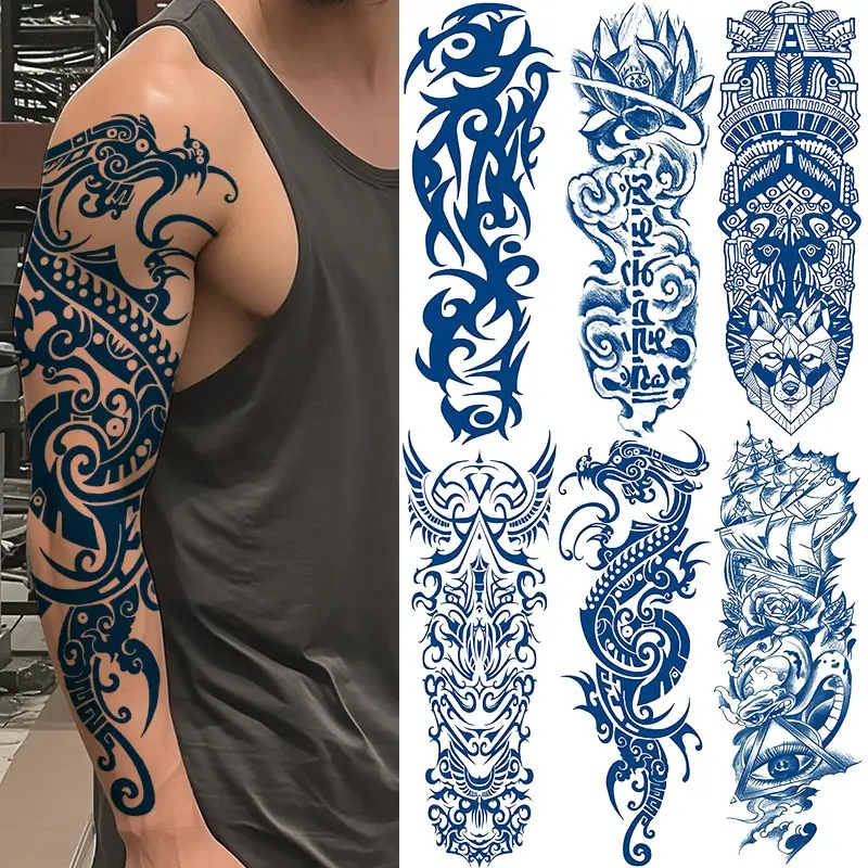 6-Pack Full Arm Semi-Permanent Herbal Temporary Tattoos, Waterproof Tribal Totem Dragon, Lasts 2-3 Weeks, Realistic Body Art for Adults