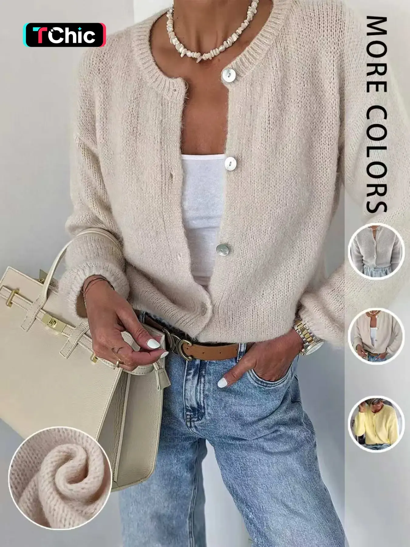 Women's Spring Summer Slim Knit Sweater, Round Neck Button Front Long Sleeve Knitwear, Soft Comfortable Casual Outerwear