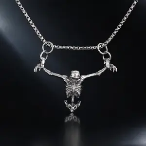 Titanium Steel Skull Skeleton Pendant Necklace for Men Women, Gothic Punk Hip Hop Street Style Statement Jewelry, 60cm Box Chain Adjustable, 3D Carved Anti-tarnish Hypoallergenic Edgy Accessory for Daily Wear Halloween Gift