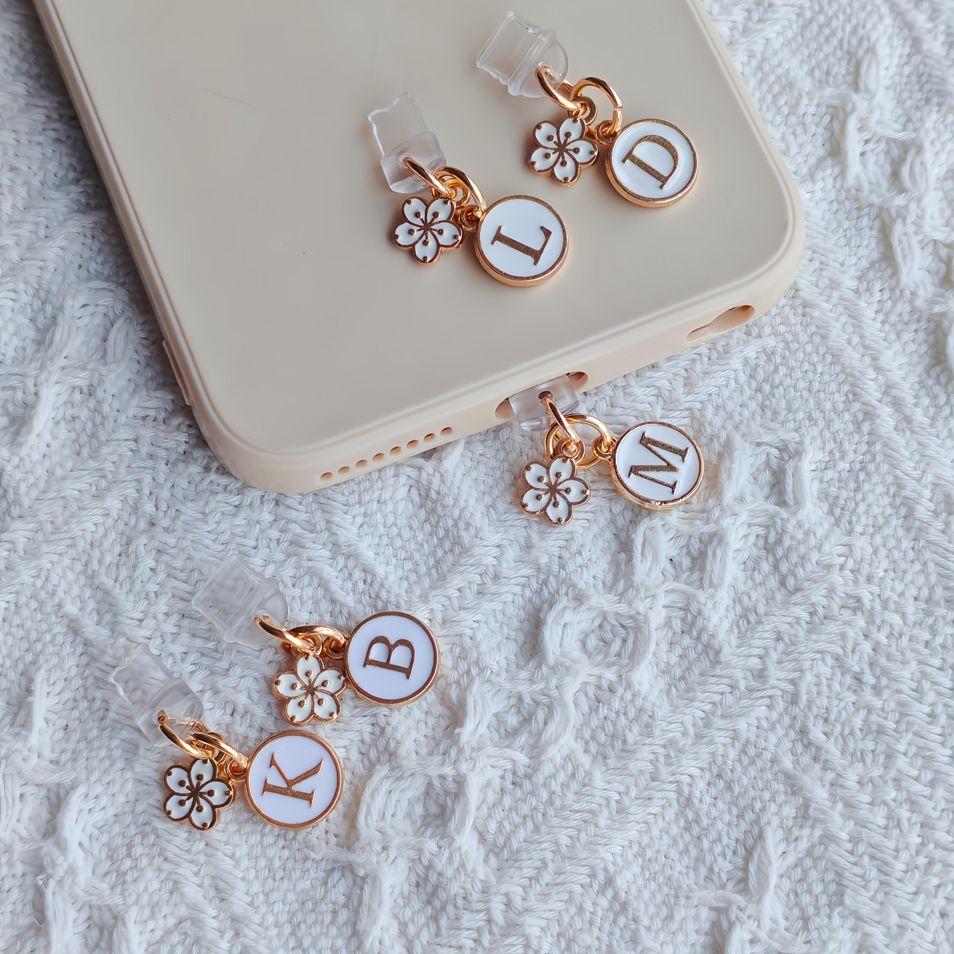 A New Cute Flower And Letter Phone Dust Plug, Featuring Charming White Cherry Blossoms And A-Z Initial Phone Port Dust Covers, Suitable for Phone Decoration, Compatible with Iphone And Type-C Ports, Perfect for Holiday Party Gifts