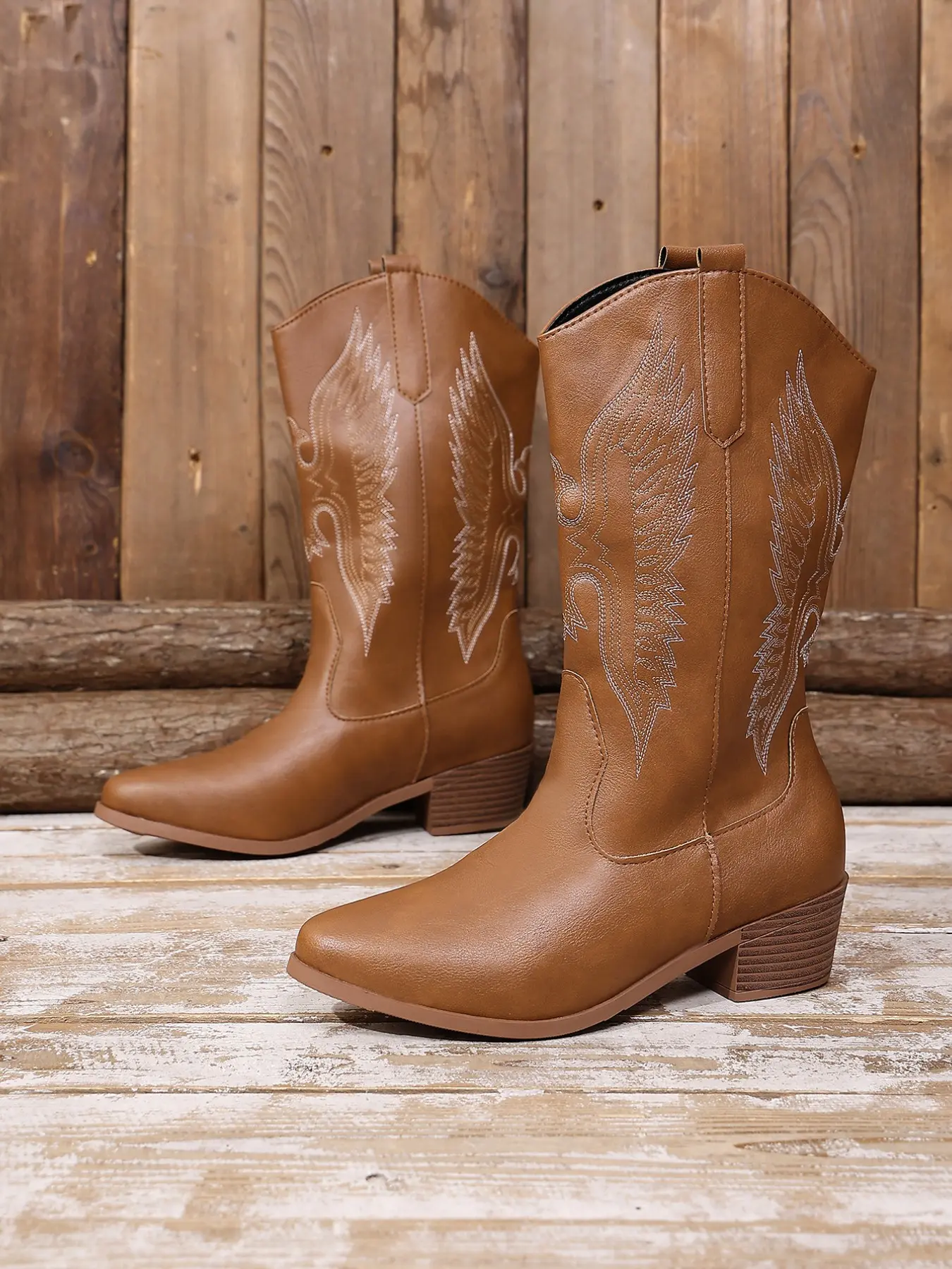 Vintage Western Embroidered Women's Boots, Fashion Mid-Calf Cowboy Boots, Square Heel, V-Shape Cut, Perfect for All Occasions, Classic