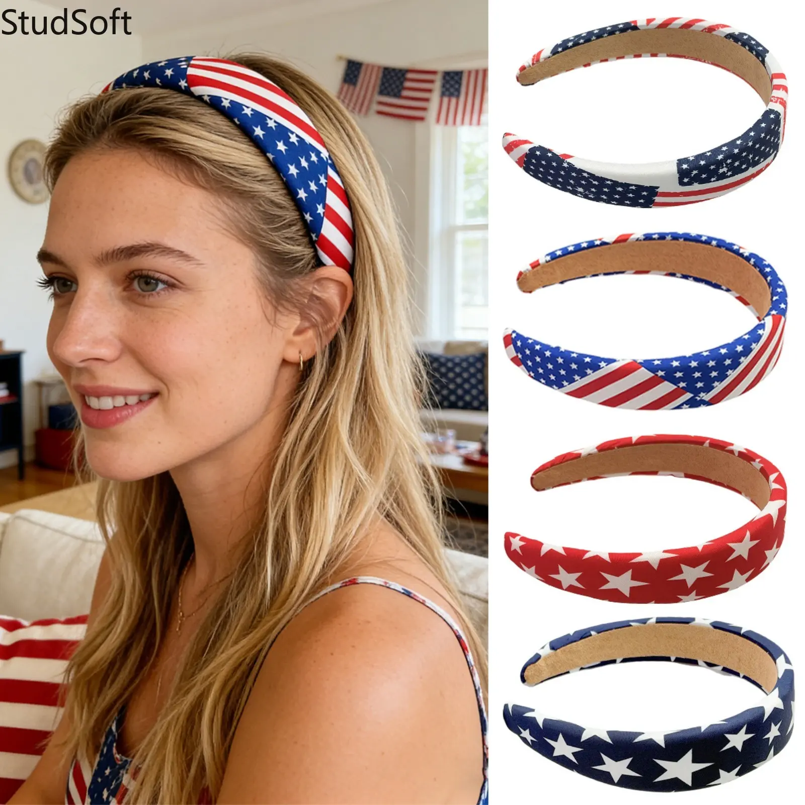USA American Flag Headband 4-Pack Patriotic Stars Stripes Hair Hoop Wide Padded Sponge Headwrap Accessories for Women Girls 4th of July Party