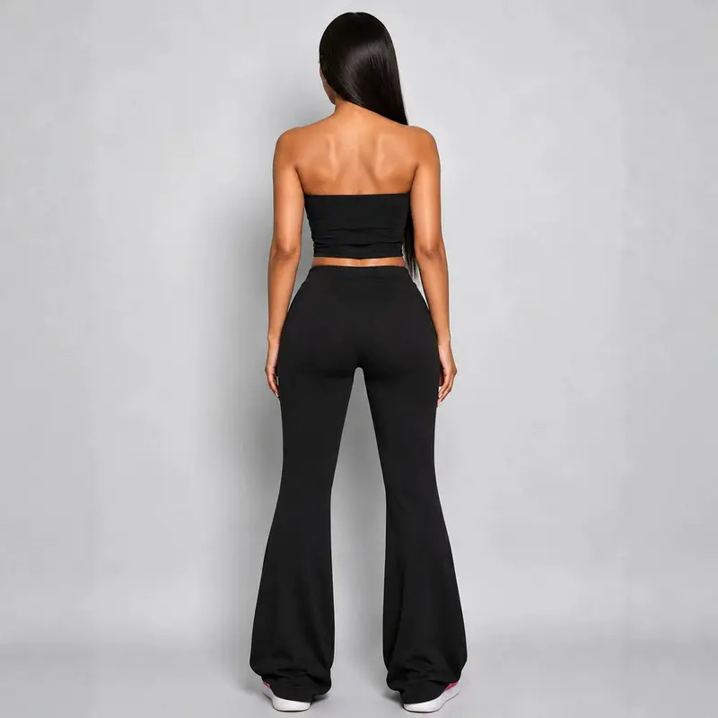 Women's 2-Piece Sports Clothing Set, Black Cherry Print Tube Top and High-Waisted Flared Pants for Summer Outdoor Activities