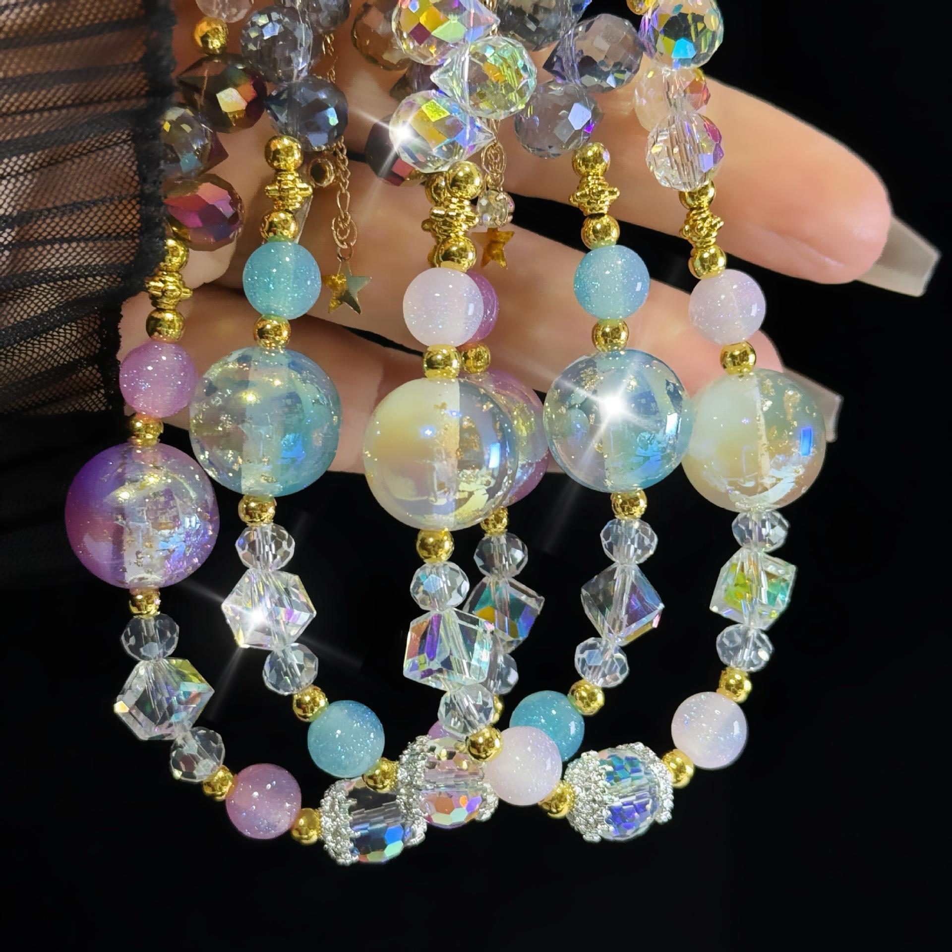 For Light Luxury Crystal Mobile Phone Chain Beaded Short Wrist Chain Fashion Butterfly Pendant Gold Leaf Hand-Made Lanyard