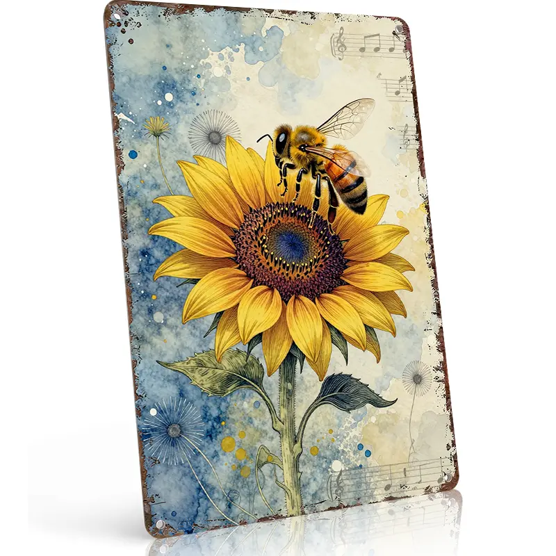 Bee Resting On A Large Sunflower In Soft Watercolor Botanical Style Botanical Cottage Aluminum Metal Sign, 8x12 Inch Vintage Wall Decor for garden room, Waterproof & Rust-Free, funkyroom decor, vintage metal art, gift, home decor wall art