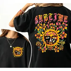 Vintage Washed Oversized Unisex Cotton Apparel, Classic Sublime Sun Band Retro 80s Boho Aesthetic Graphic Tee, Comfort Soft Fabric Loose Fit Crewneck T-Shirt & Long Sleeve Sweatshirt, Trendy Casual Streetwear for Men & Women