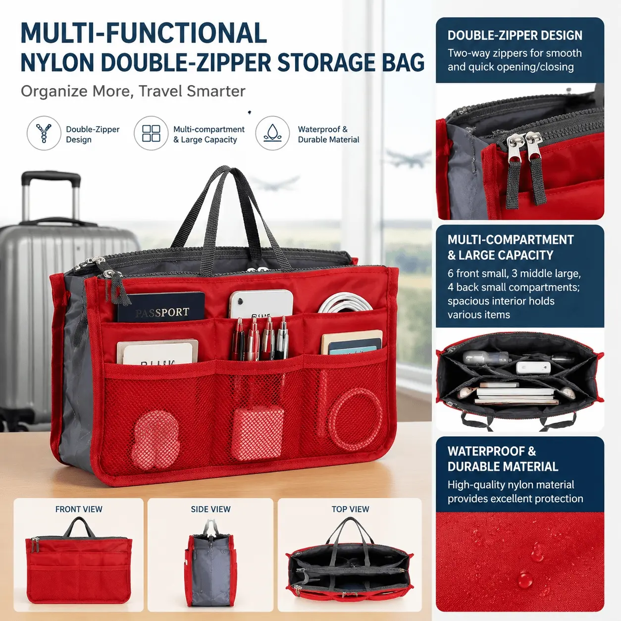 Multifunctional Nylon Zipper Pouch, Cosmetic Organizer Bag for Travel, Waterproof Portable Makeup Case with Handles, Wallet Insert for Students, Daily Essentials Storage Solution, Small Items Container.