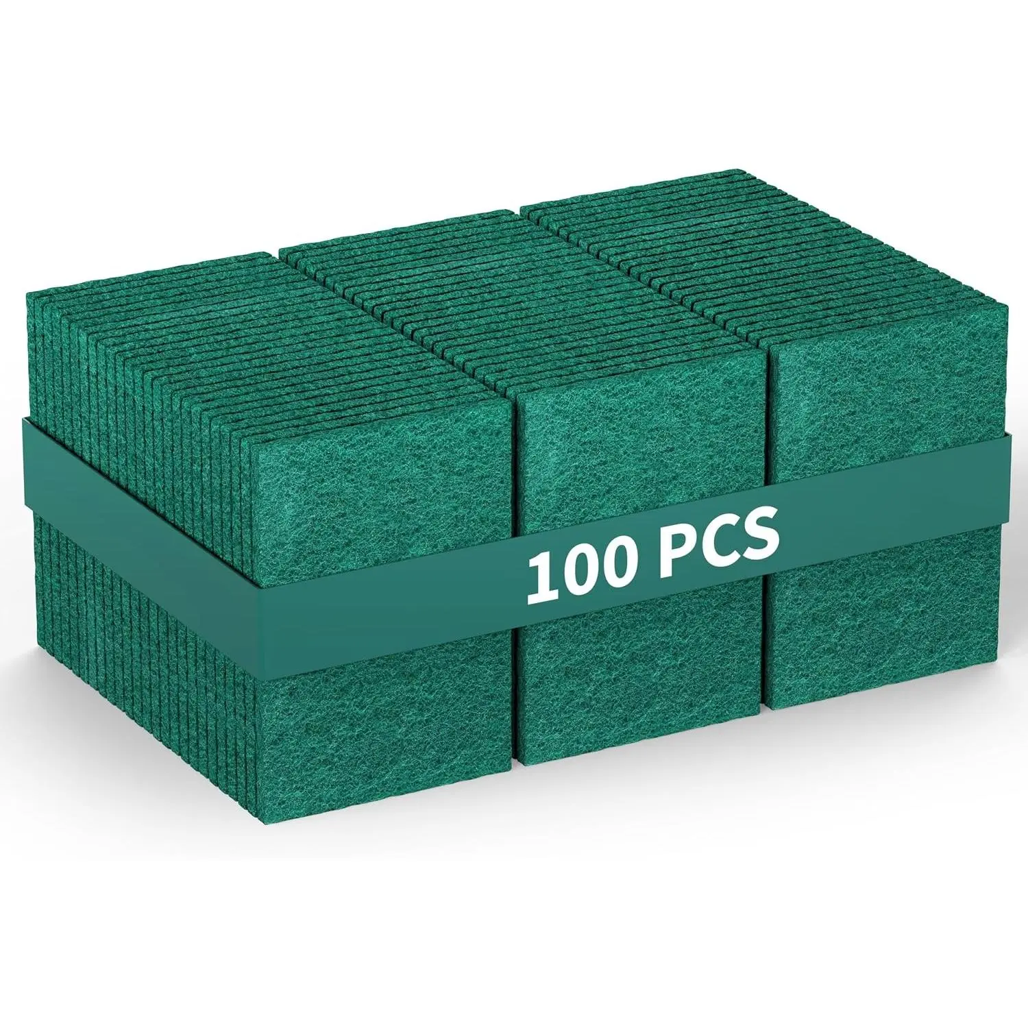 100 Pack 3x4 Inch Heavy Duty Scouring Pads - Green Non Scratch Reusable Multipurpose Bulk Scrub Pads for Kitchen Dishes Pots Pans Grill & Household Cleaning