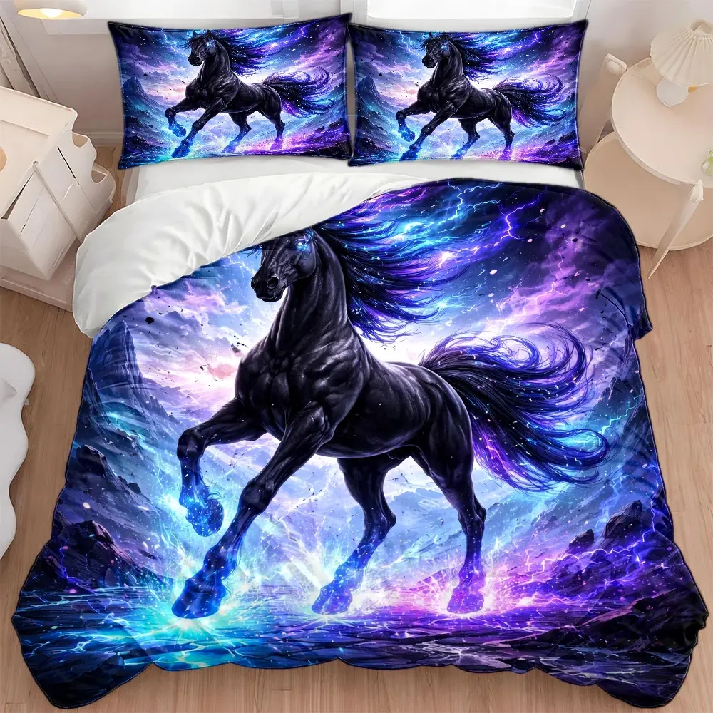 3PC Fantasy Lightning Dark Horse Bedding Set - 1 Duvet Cover + 2 Pillowcases, Invisible Zipper Double Bed Cover, All-Season, Machine-Washable, Suitable for Home, Dormitory monochromatic valentine gift halloween soft furnishing knit pattern lux sheets cozy