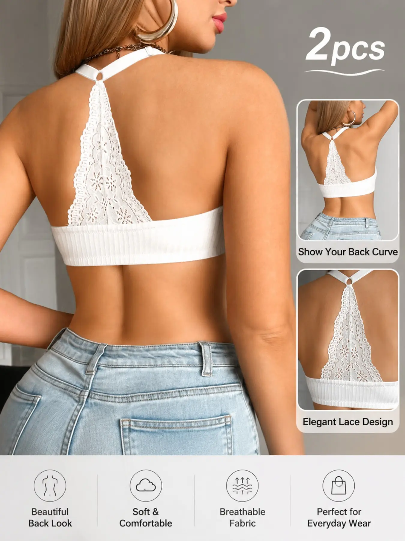 Women's Seamless Wire Bra, Comfortable Backless Lace Underwire Bra, Triangle Back Support Bra, Sexy Lace Back Bra, Seamless Push-Up Front Clip Bra