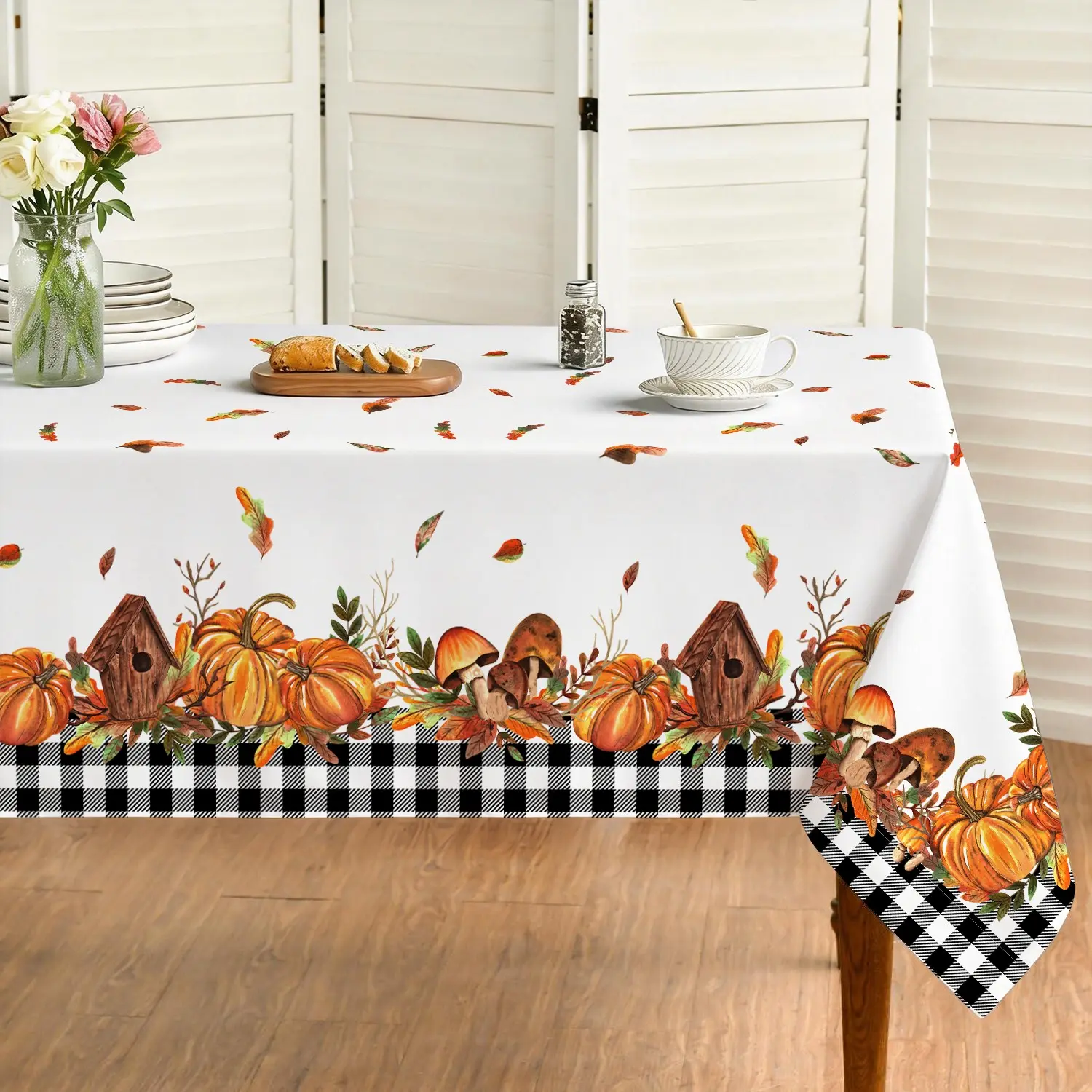 Autumn Thanksgiving Polyester Tablecloth, Buffalo Check Vintage Cabin Pumpkin Maple Leaf, Washable Winter Dining Tablecloth