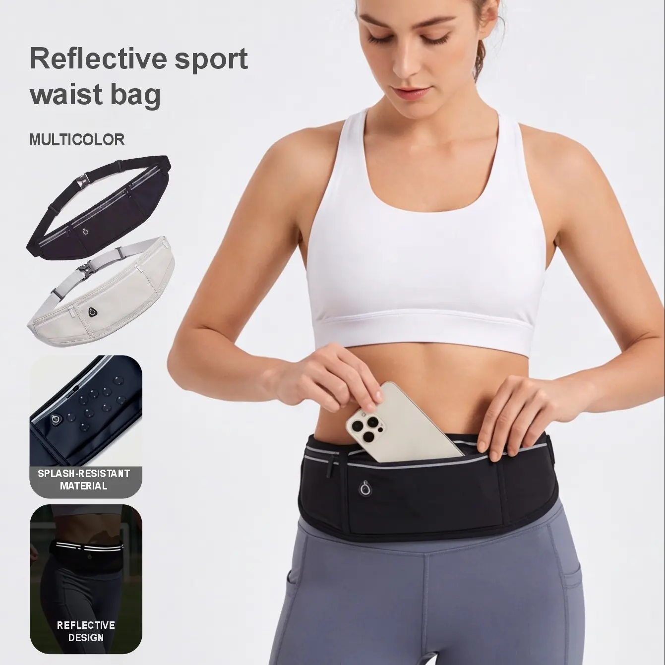 Unisex Running Waist Bag, Lightweight Phone Pouch, 3 Pockets, Reflective Strips, Adjustable Fitness Belt, Night & Morning Run, Gym, Durable Design