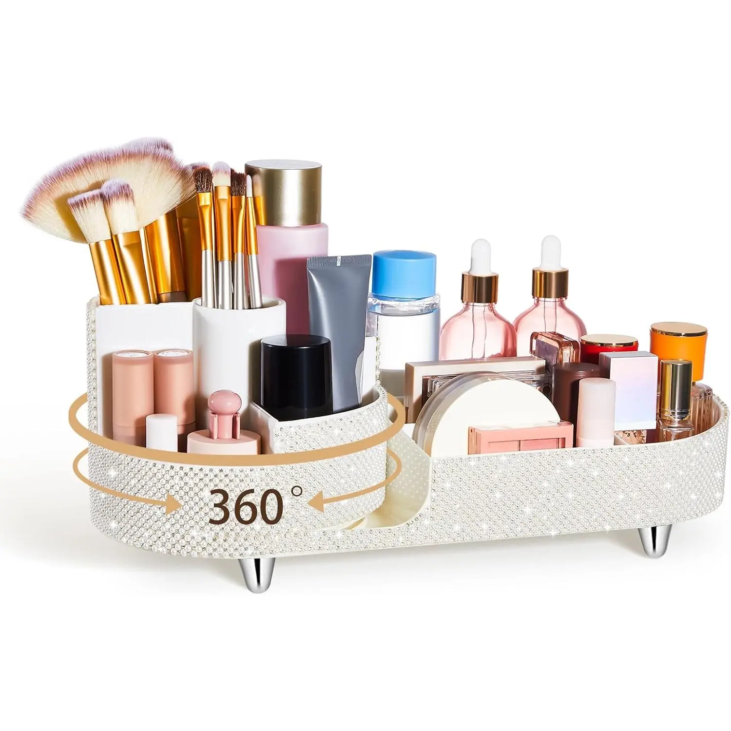 Teen Girls 360 Rotating Bling Makeup Organizer  Rhinestone  Bathroom Organizer Preppy Skincare Brush Holder for Countertop, Bathroom Essentials(Champagne,Rhinestone)