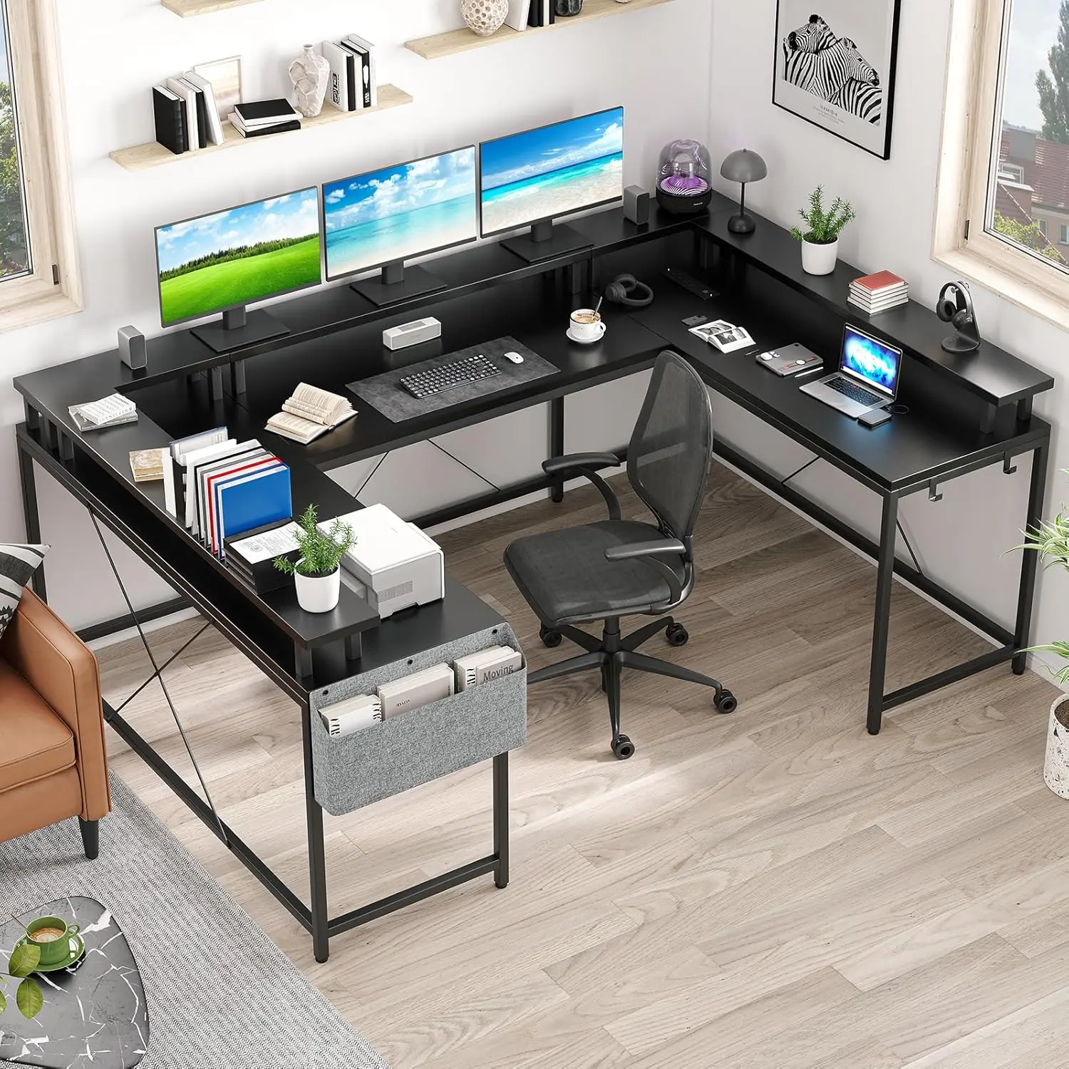 U Shaped Desk, 79" U Shaped Gaming Desk with Monitor Stand and LED Lights, Reversible Long Shaped Large Computer Desk with Power Outlets, Large Corner Office Desk with Storage Bag and Hooks