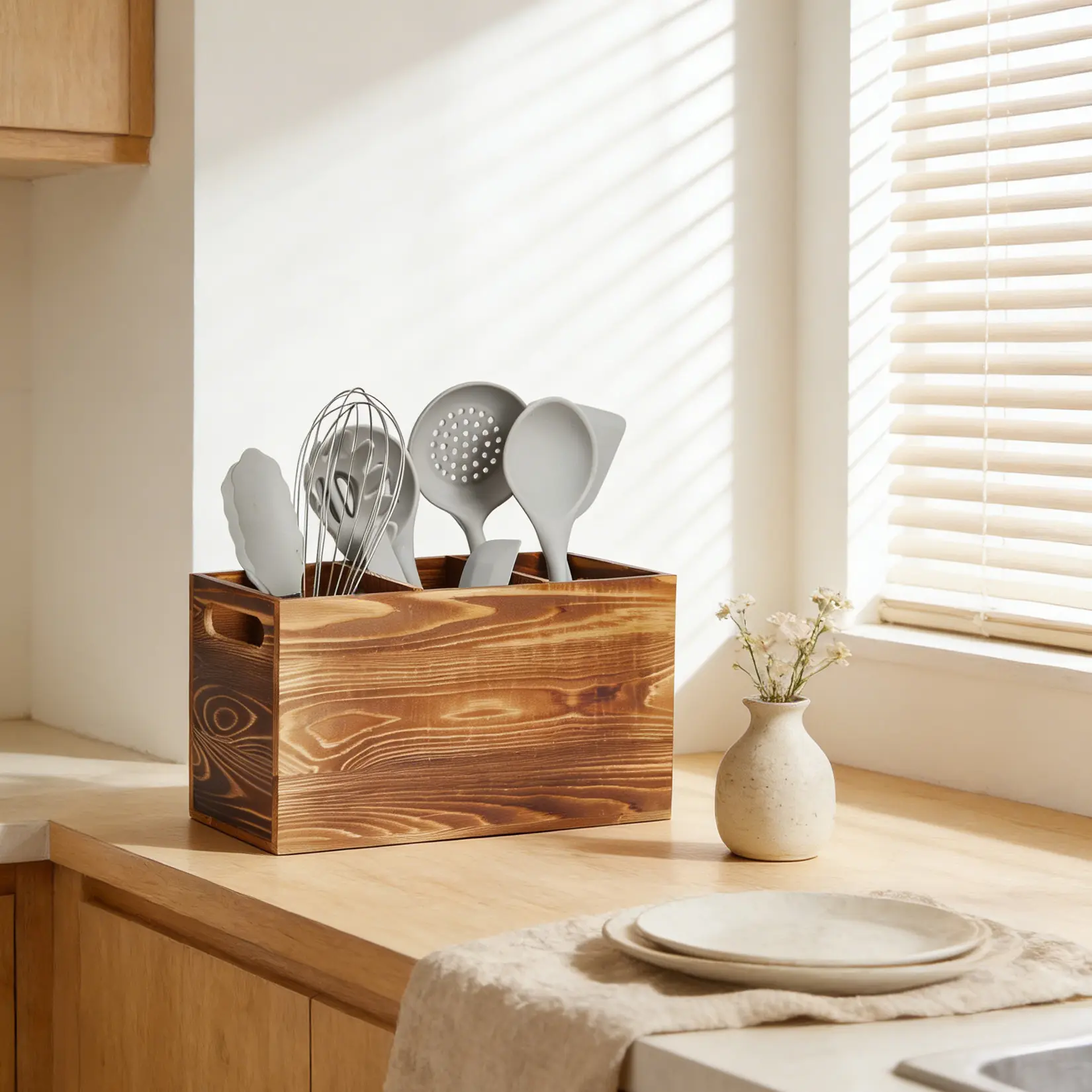 Rustic Pine Wood Utensil Holder Caddy for Kitchen Countertop, 3-Compartment Rustic Farmhouse Utensil Organizer with Handle, Large Pine Wood Caddy for Cooking Spoons, Spatulas, Silverware & Kitchen Storage