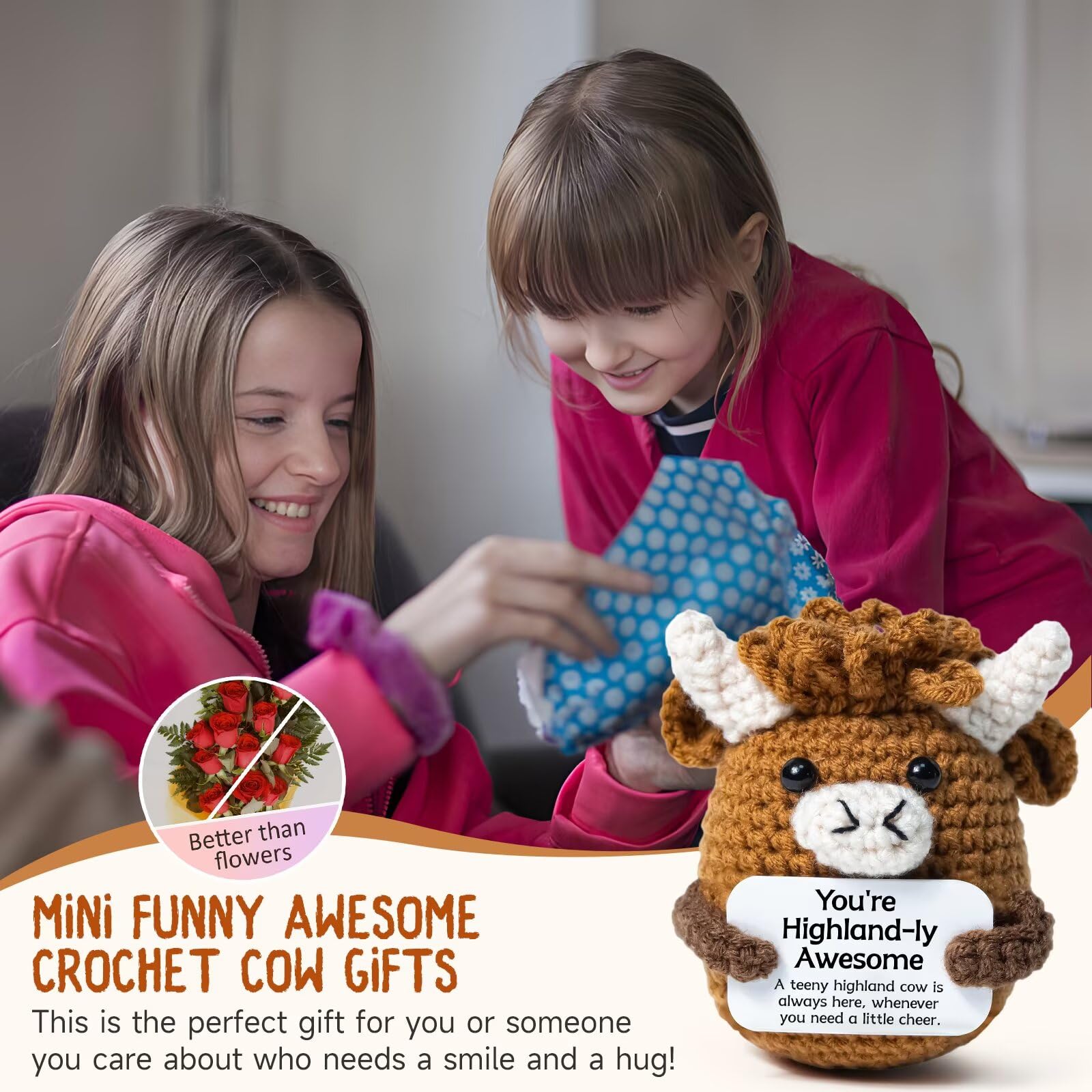 Cute Handcrafted Highland Cow Knit Plushie,Ultra Soft Fluffy Stuffed Animal,Squishy Relaxing Toy for Anxiety Relief,Adorable Bag Keychain Pendant,Perfect Festival Gift for Family Friends,Desk Bedroom Car Decor,Unique Handmade Crochet Cow Doll