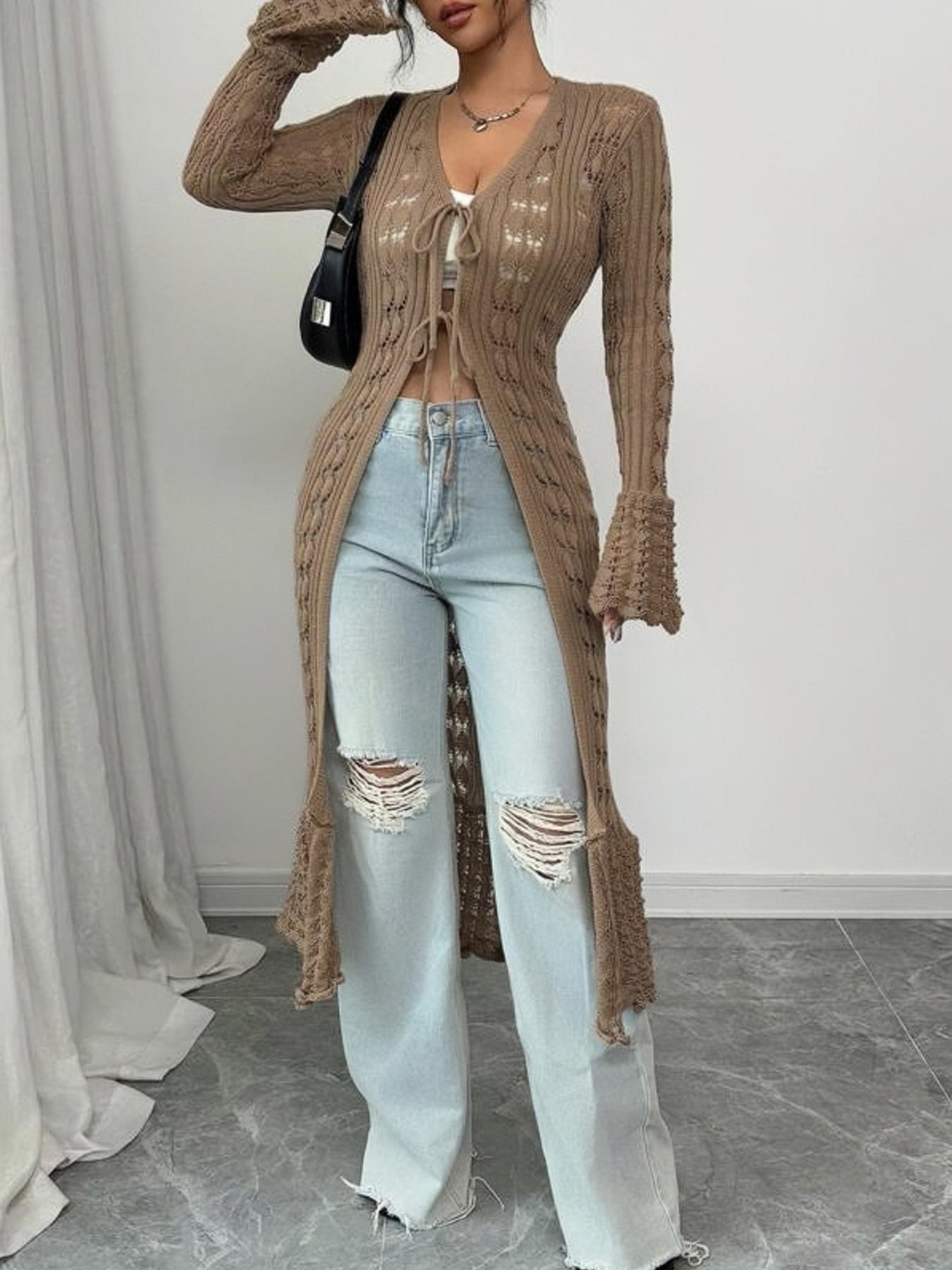 Women's Solid Color Long Sleeve Knitting Cardigan, Elegant Fashion Casual Fitted Tie Front Cardigan, Women Knitwear for Daily Outdoor Wear