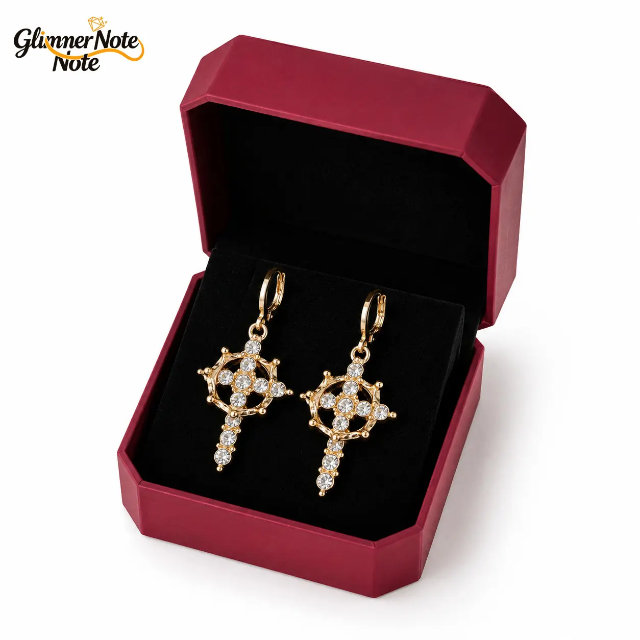 Women's Vintage Compass Cross Leverback Earrings With Cubic Zirconia, Dangle Religious Spiritual Church Jewelry, Alloy Gemstone Gift Boxed Earrings 0.96 in Width 1.95 in Vertical