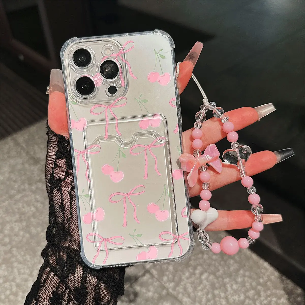 Pink Cherry Bow Phone Case Coquette Aesthetic Shockproof Card Slot Case with Beaded Lanyard for iPhone 11-17promax IPhone11/12/13/14/15/ Promax16/16Promax/16pro/16plus