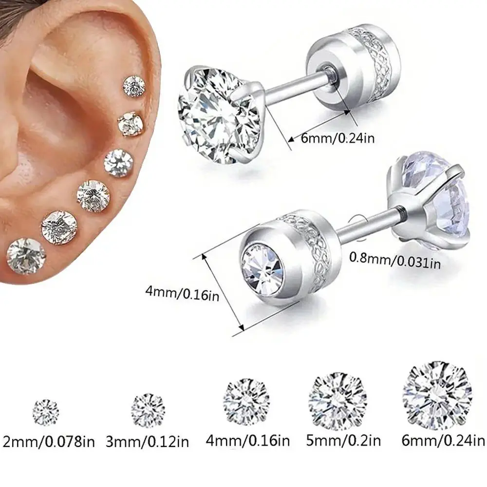 5 Pairs Hypoallergenic CZ Stud Earrings Set for Sensitive Ears, Titanium Screw Back Flat Back Earrings, Surgical Stainless Steel Round Cubic Zirconia Earrings for Women & Men, Daily Wear Jewelry