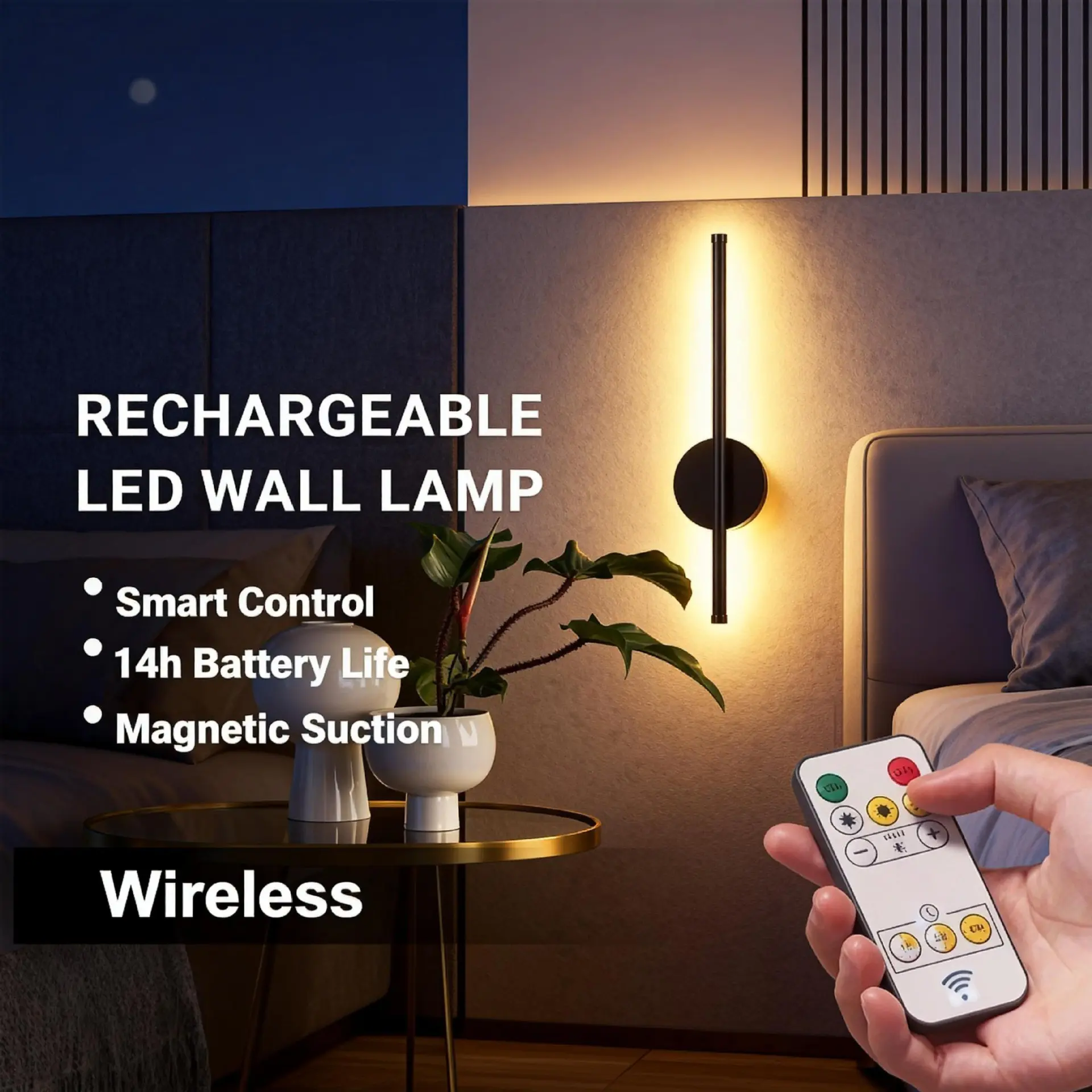 LED Rechargeable Wall Sconce, Gold/Black – 50cm Linear Wall Sconce – Wireless Installation, Stepless Dimming – Magnetic Mount with Remote Control – Ideal for Bedrooms, Living Rooms, Hallways, and Home Offices