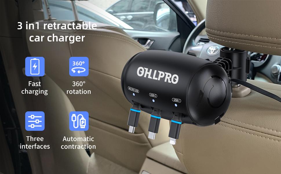 Multi Car Retractable Backseat 3 in 1 Car Charging Station Box Compatible with All Phones |   iPhone |   Samsung |   Uber Taxi Lyft Turo Ride Share Customer Charging Dock Attach to Headrest