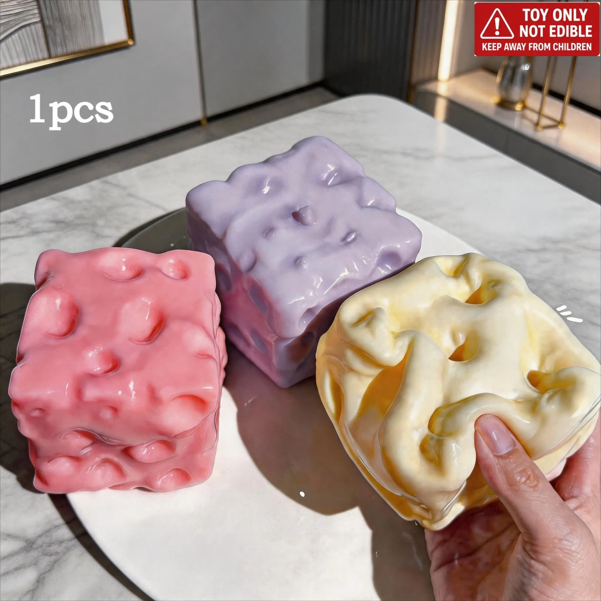 7cm Large‑size /5.5cm Small‑size Soft Cheese Block Squishy, Squishy Fidgets, mouldable non‑rebound fingertip squeeze toy filled with petroleum jelly, three colours available: milky‑white, pink, anxiety reliever and desk decor, party‑bag fillers