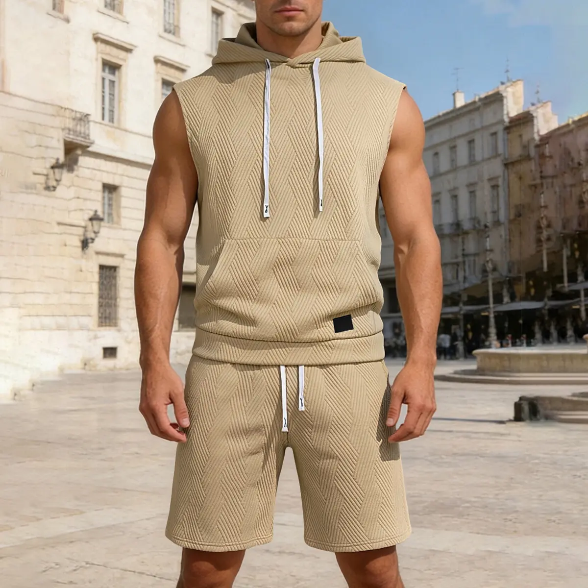 Men's 2-Piece Jacquard Knit Sleeveless Hoodie & Shorts Set, Casual Athletic Tracksuit with Crosshatch Texture, Summer Workout Outfit