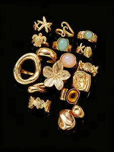 16-Piece Women's Fashion Stackable Rings Set, Boho Style Chunky Artificial Gemstone Floral Star Turtle Shell Snake Rings, Perfect for All Occasions