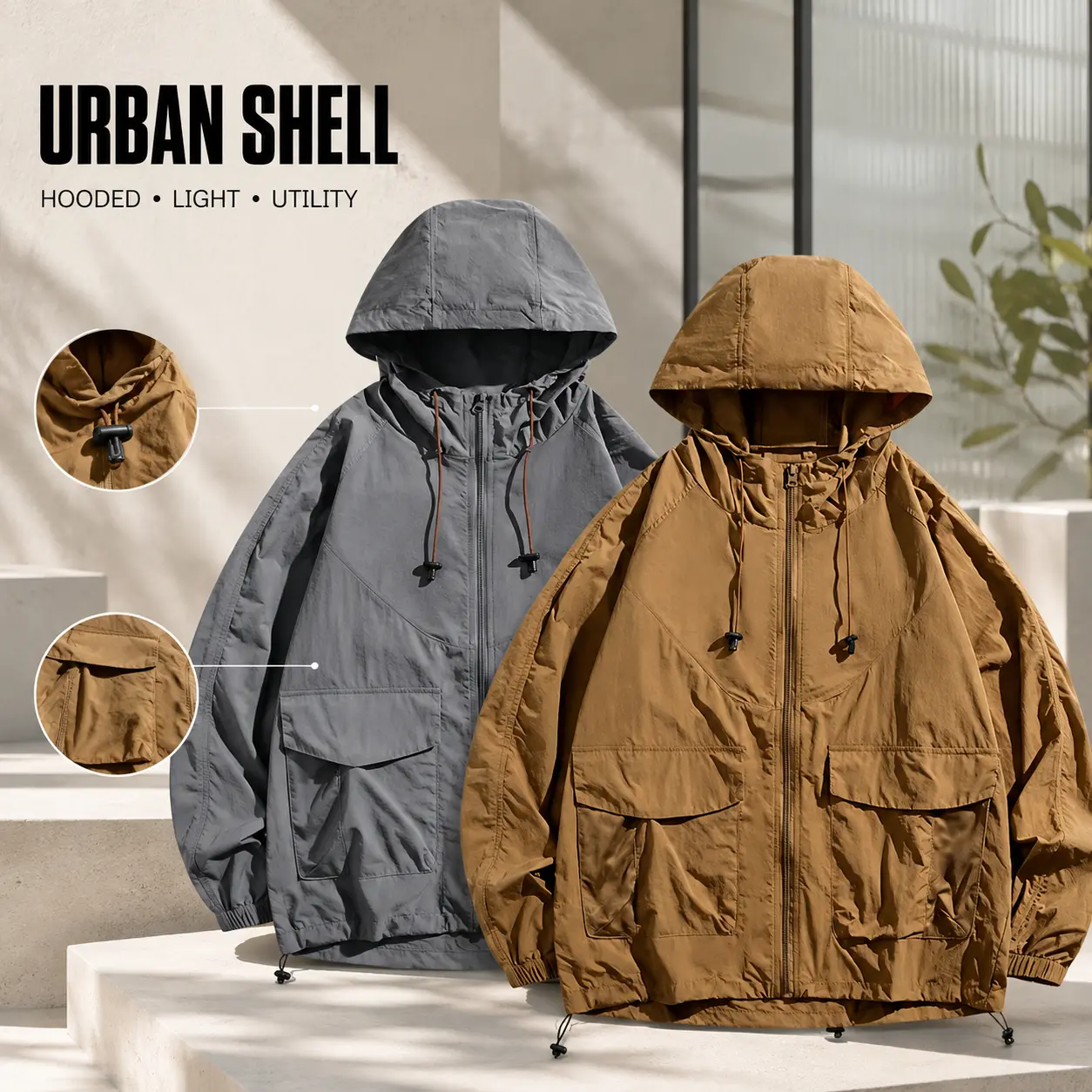 Water Resistant Men's Cargo Windbreaker, Multi-Pocket Hooded Jacket For Outdoor Travel