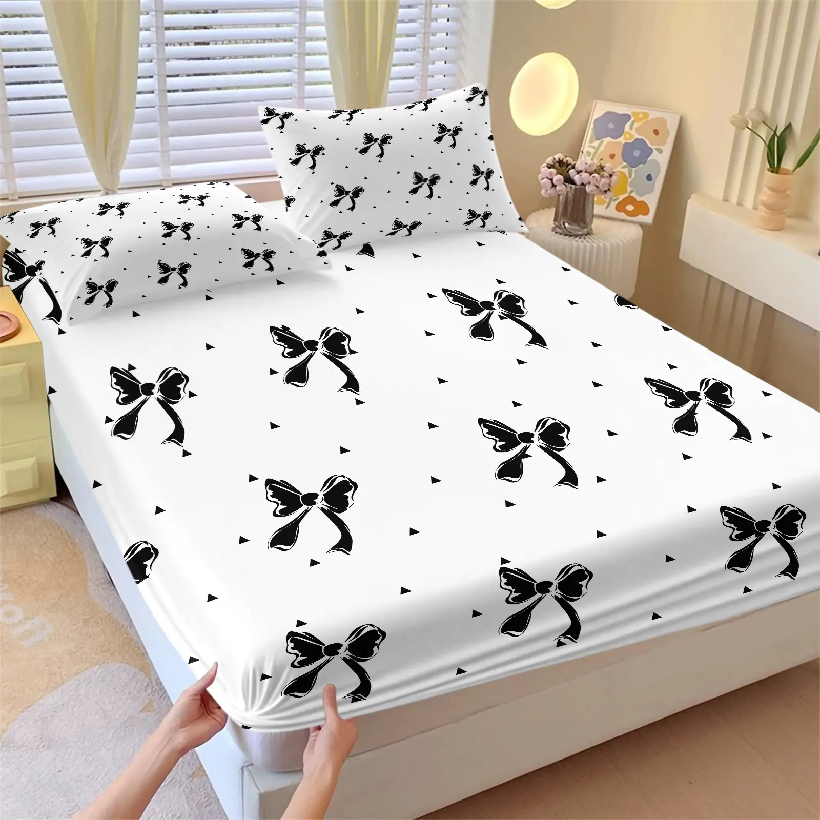 Black Bow Print Fitted Sheet Set 3 Piece with 2 Pillowcases, Minimalist White Base Ribbon Bow Print Bedding Set All Size, Coquette Aesthetic Girls Bed Set, Soft Breathable Mattress Cover, Kawaii Girls Aesthetic Room Decor