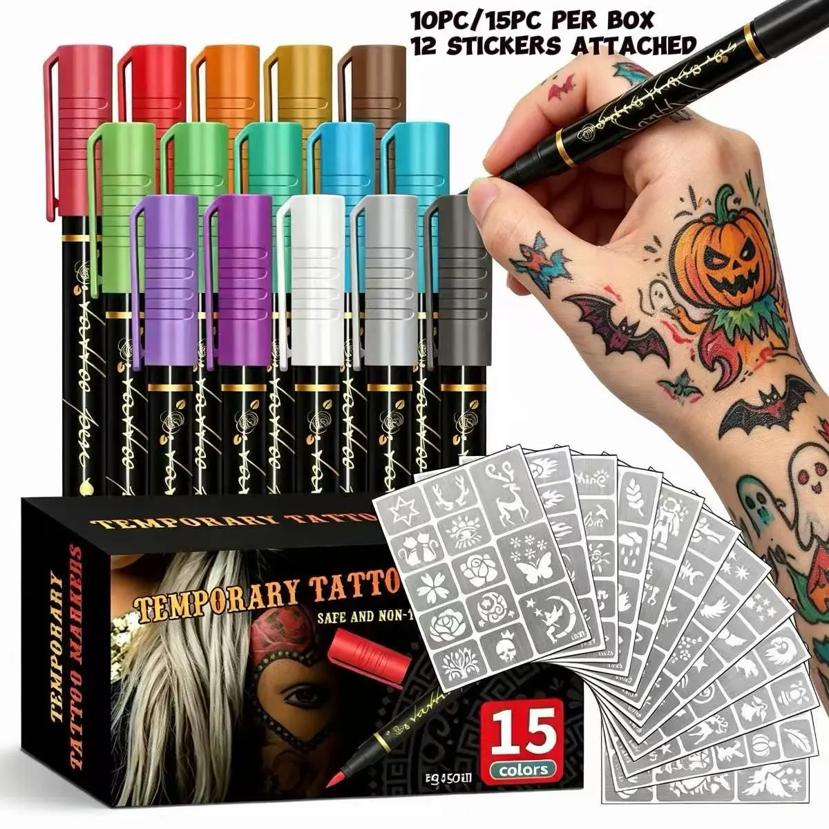 Temporary Tattoo Markers for Skin, 10/15 Body Markers + 12 Large Tattoo Stencils, Temporary tattoos for Adults, Flexible Brush Tip
