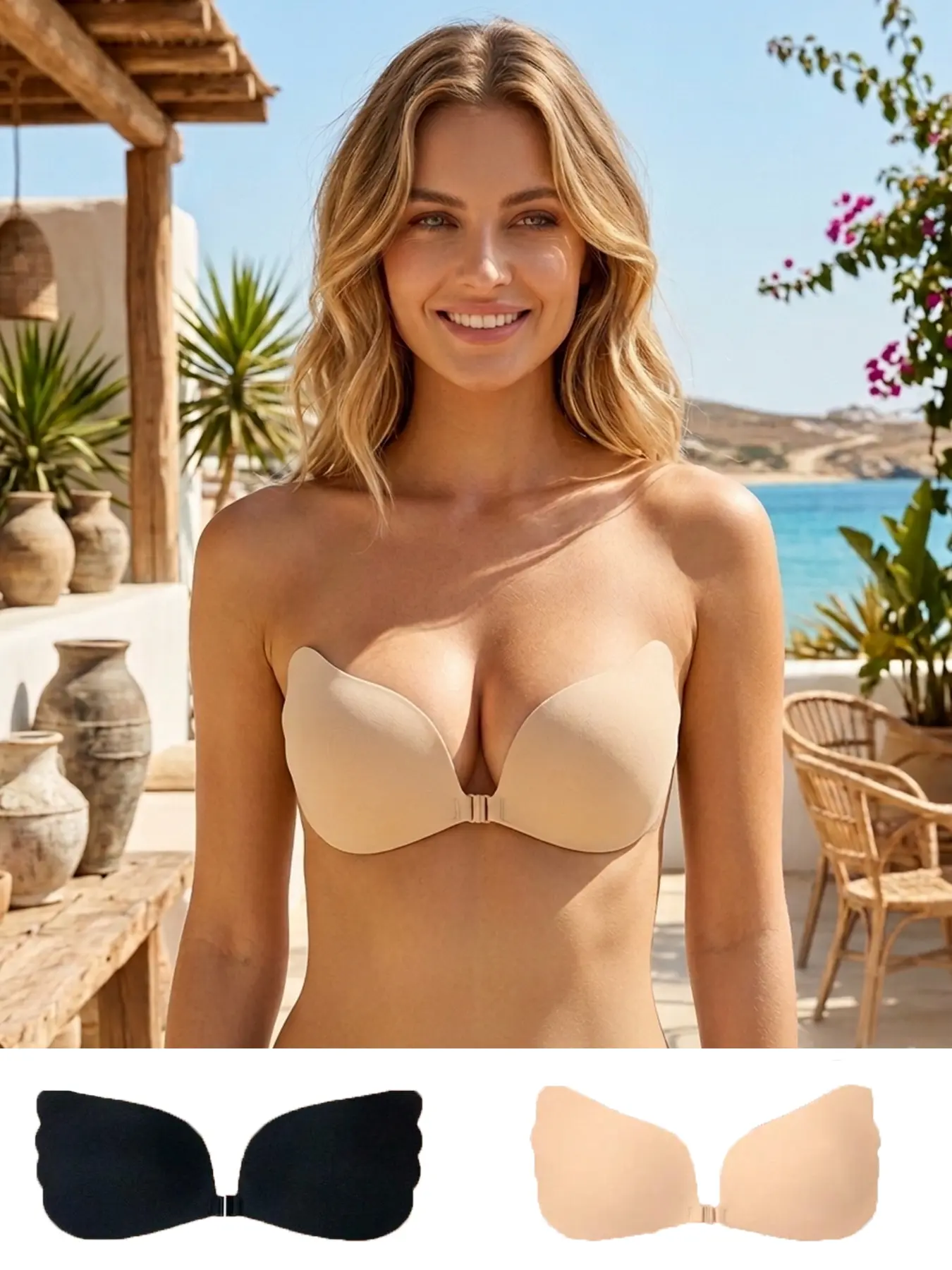 2pairs Sticky Bra Invisible Strapless Push Up Bras for Women, Adhesive Backless Wedding Dress NuBra, Breathable Fabric Magic Wing Plunge Pasties Bra