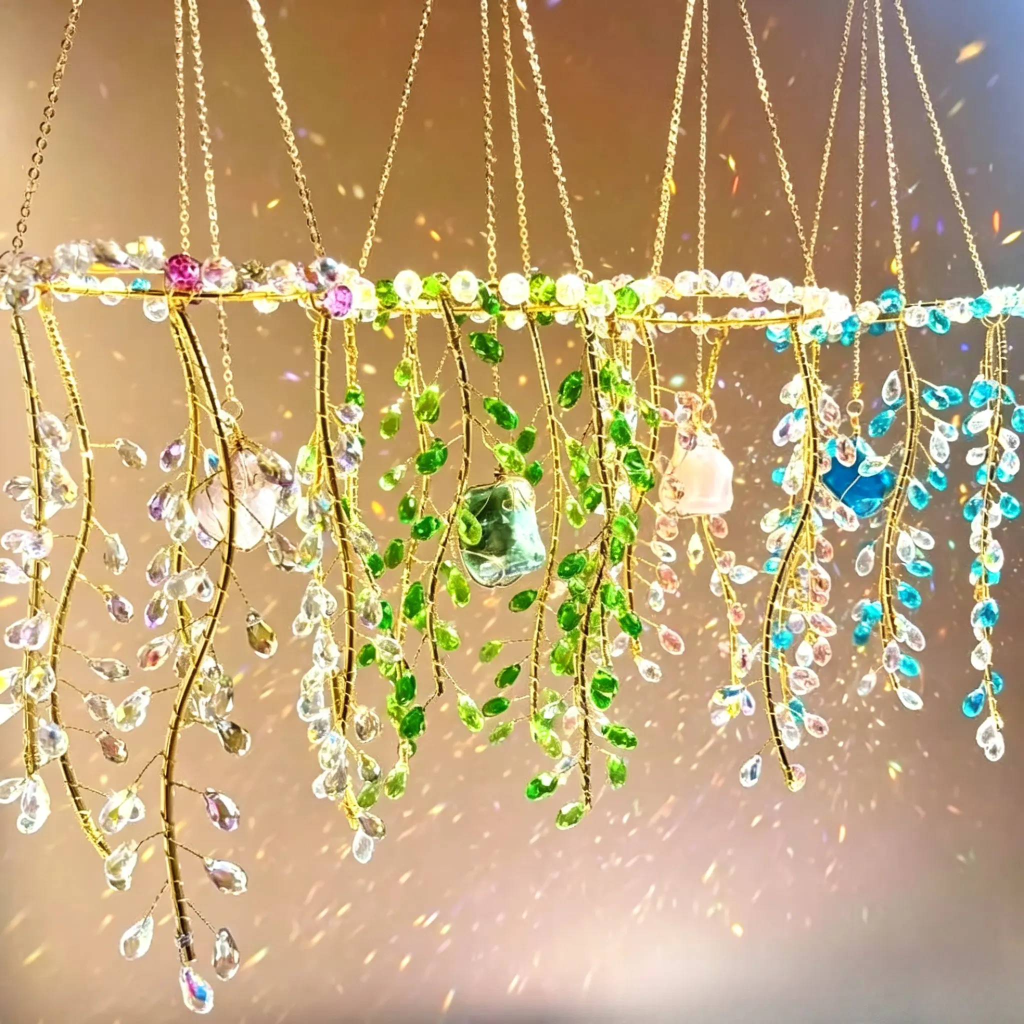 Handmade Green Aventurine Raw Stone Hanging Decor Suncatcher - Forest Boho Glass Vine Leaf Home Decor Items, Window Hanger, Minimalist Lightweight Bedroom Ornament, Sunlight-Refracting Peace & Luck Gift for Nature Lovers, Ready to Hang