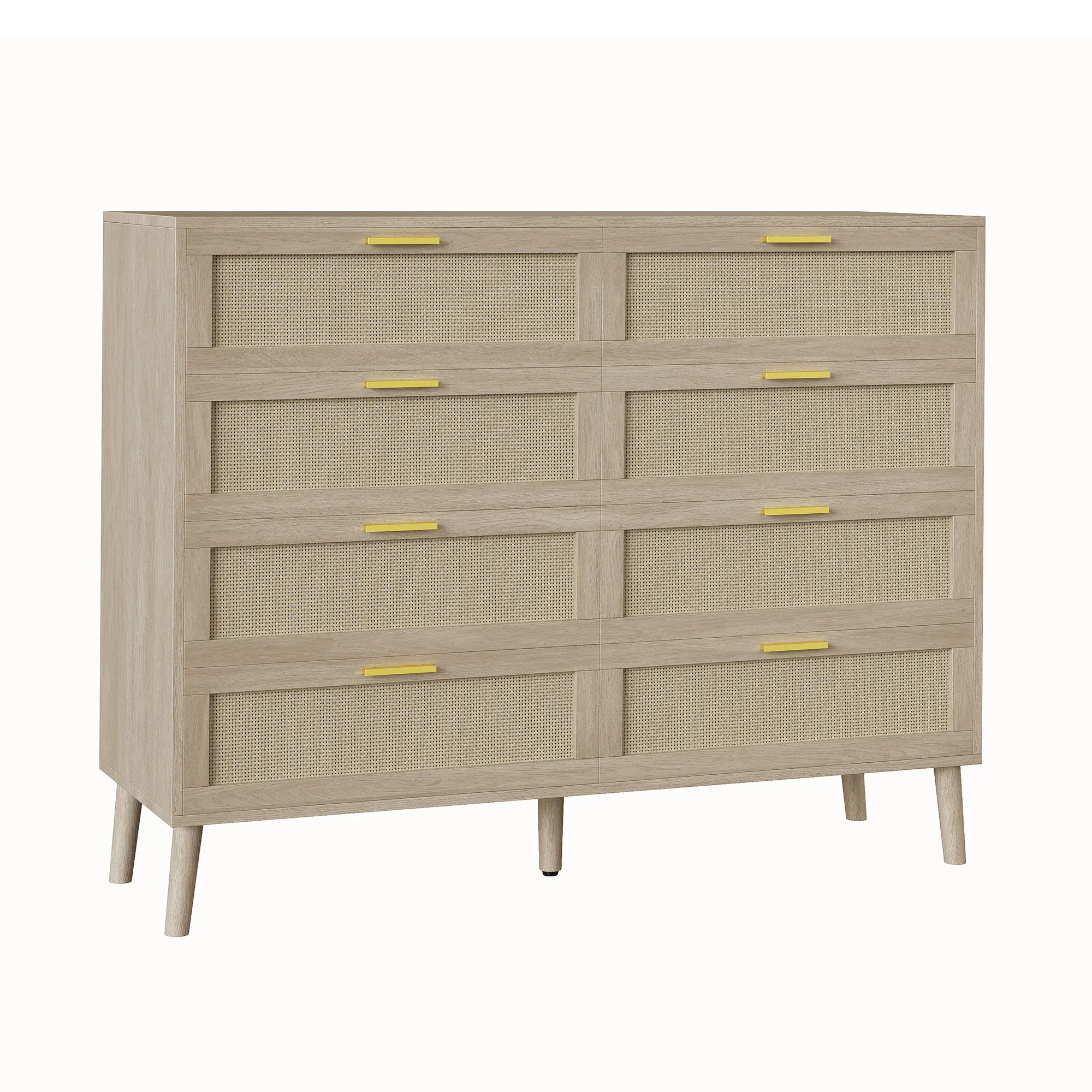 47-Inch Rattan Dresser with 8 Drawers, Wide Engineered Wood Chest of Drawers with Woven Cane Fronts, 5 Support Legs, Anti-Tip Kit and Gold-Tone Handles, Farmhouse Storage Cabinet for Bedroom, Closet, Living Room, Entryway or Home TV Console