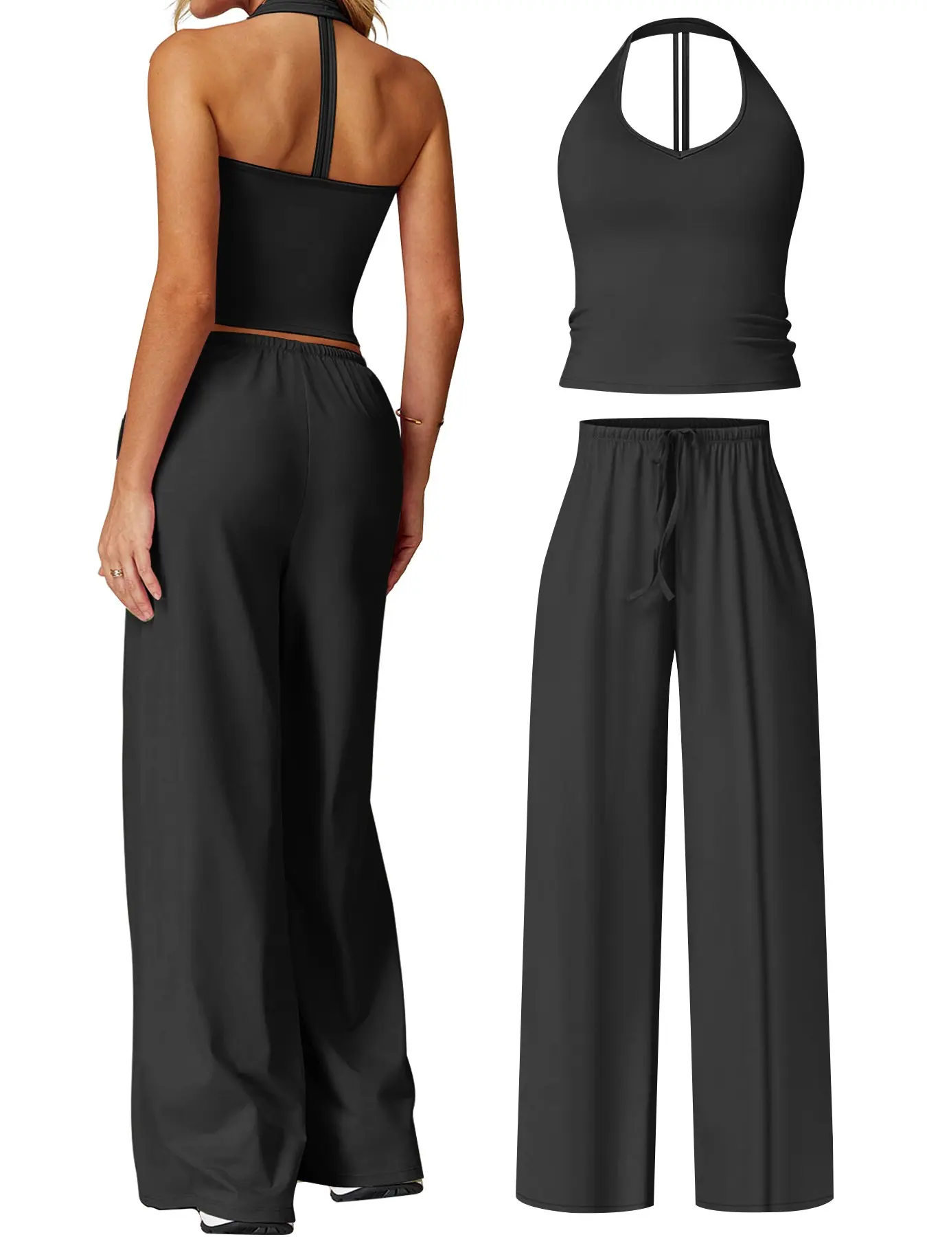 Women's two-piece with halter neckline and open back design, paired with high-elasticity loose straight-leg sports pants, suitable for sports, also available are loose-fitting yoga sets, Yoga clothes set, Gym Workout Set, Fitness Sportswear Set