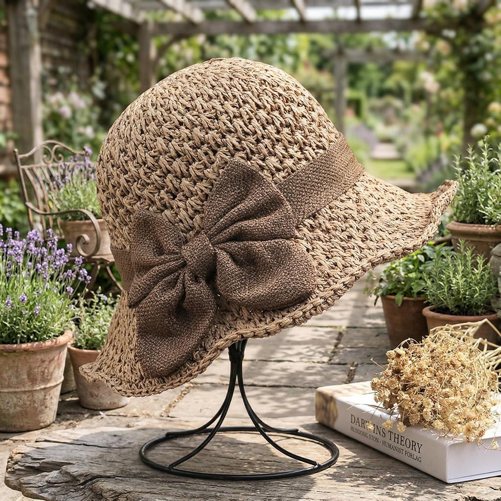 Women Retro Straw Beach  – Foldable Wide Brim Sun  with Bow, Breathable Woven Summer  for Travel, Vacation and Outdoor hat