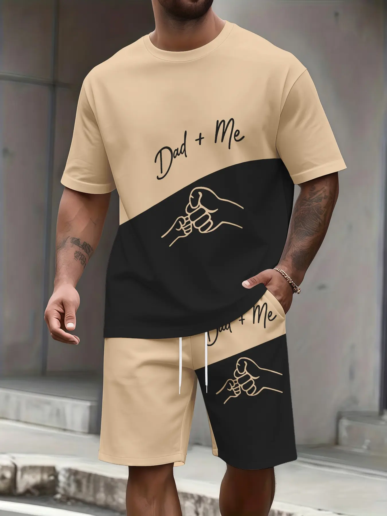 "Dad and Me" matching outfit: a men's two-piece set featuring a color-blocked round neck short-sleeved t-shirt and shorts with a pink handprint pattern. Casual, breathable summer t-shirt and shorts, a perfect gift for father-son bonding.