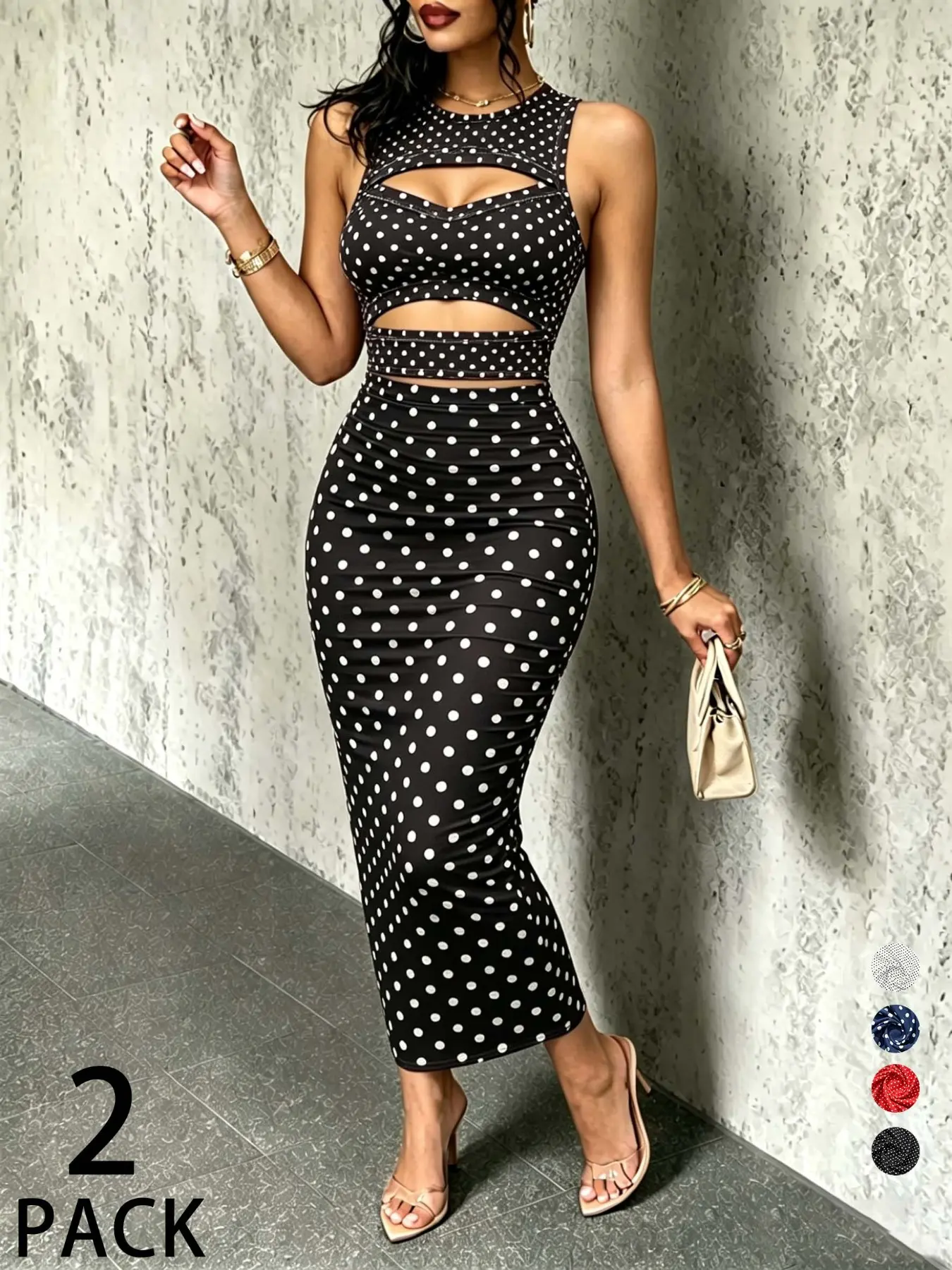 2 Packs Women Polka Dot 2 Piece, Sleeveless Crop Tank Top & Midi Bodycon Skirt, Summer Party Club Date Dress Sets Cutout Outfit Coord Sets