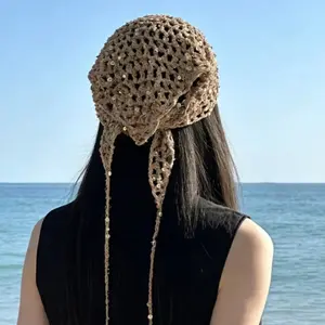 Sequin lace-up triangular head scarf for women, bohemian vintage Y2K style. Multi-functional wearable accessory for daily looks, street wear, festivals and beach vacations, also a nice gift choice.