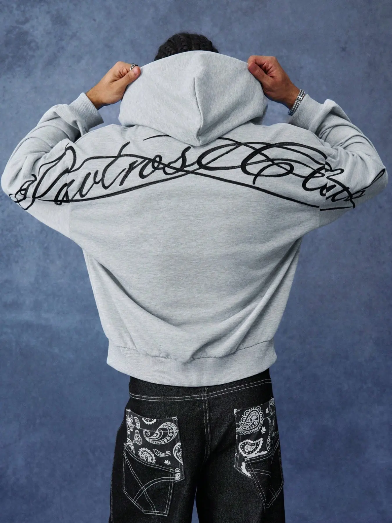 Y2K Streetwear Oversized Heavyweight Hoodie Men Women Casual Heather Grey Drop Shoulder Graphic Pullover with Retro Back Script Print for Daily Skate Outfit