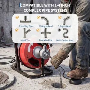 Powerful  Electric Drain Auger Machine - For 2"-4" Pipes - Auto Feed, Air Foot Pedal, Semi-Enclosed Drum
